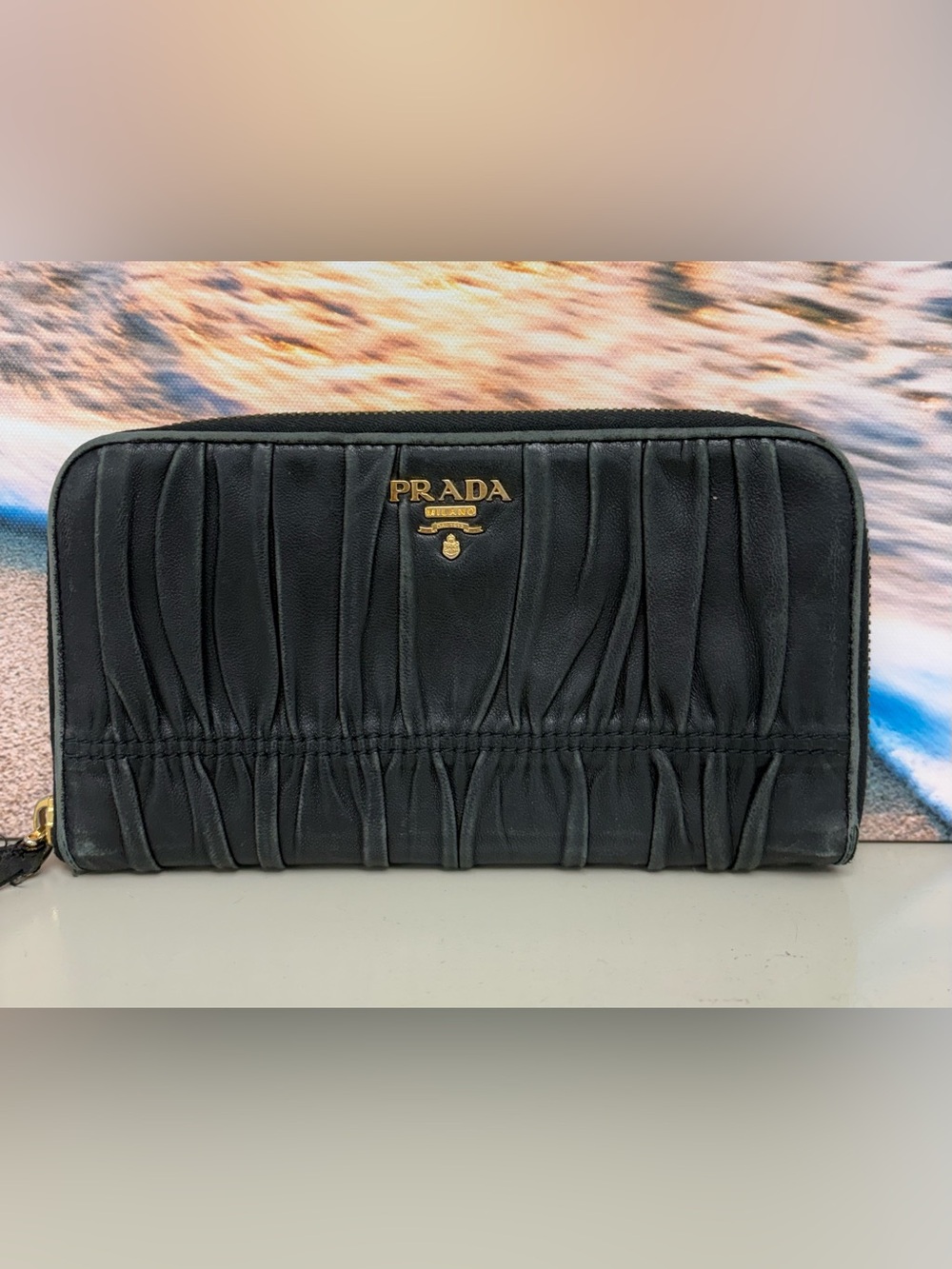 Prada Black Nappa Gaufre Leather Zip Around Long Continental Wallet Gold Logo